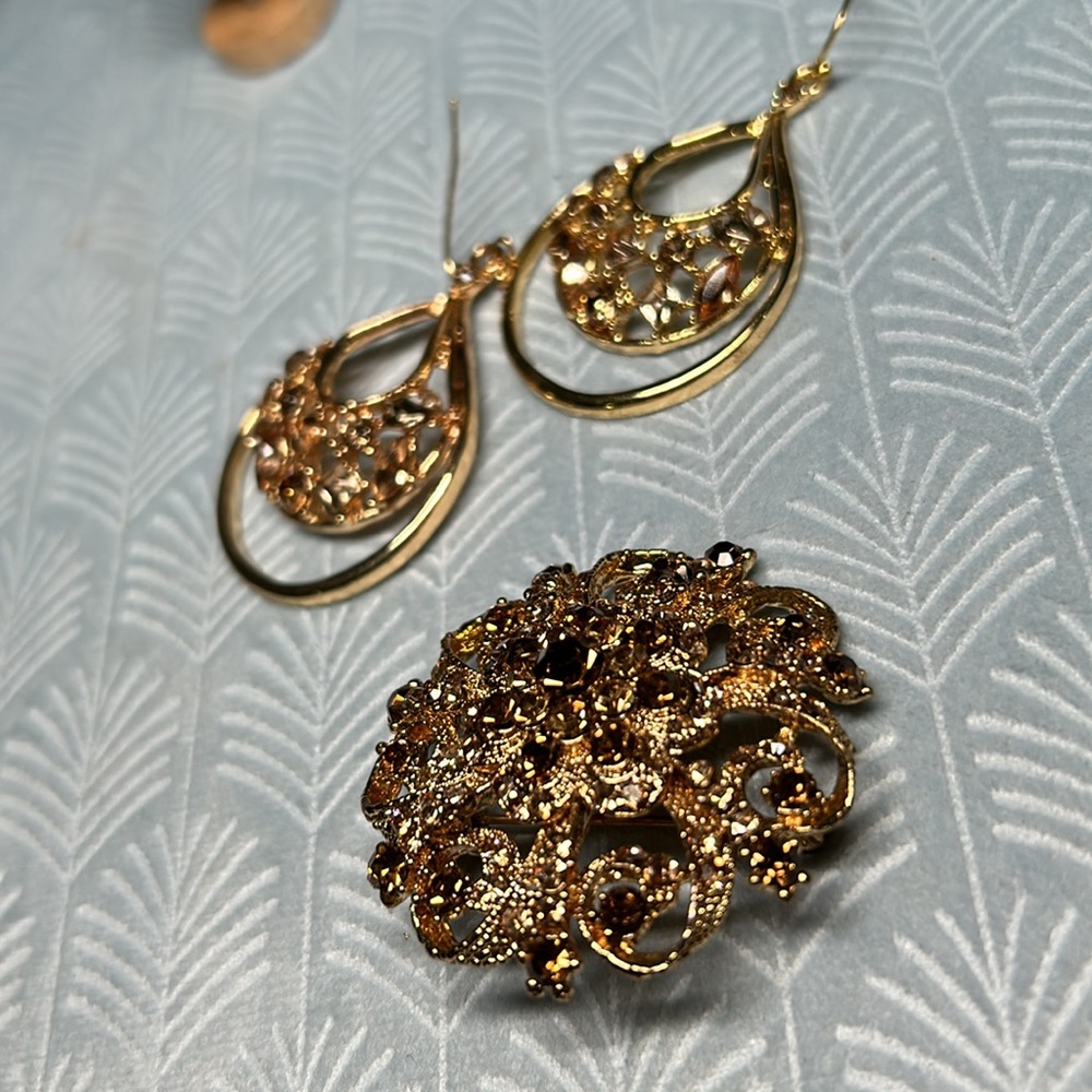 ✨Dazzling brown stone broach and earring set - Picture 9 of 13